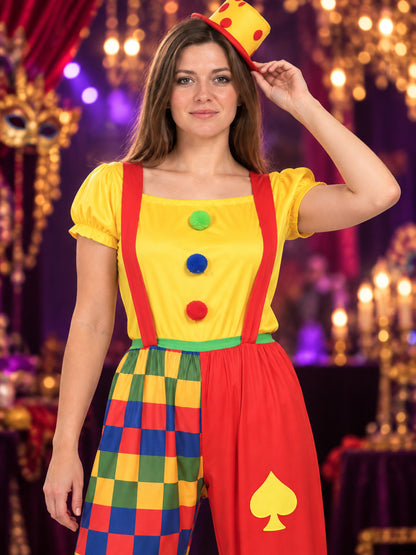 Clown Costume with Yellow Hat and Multicolored Pants