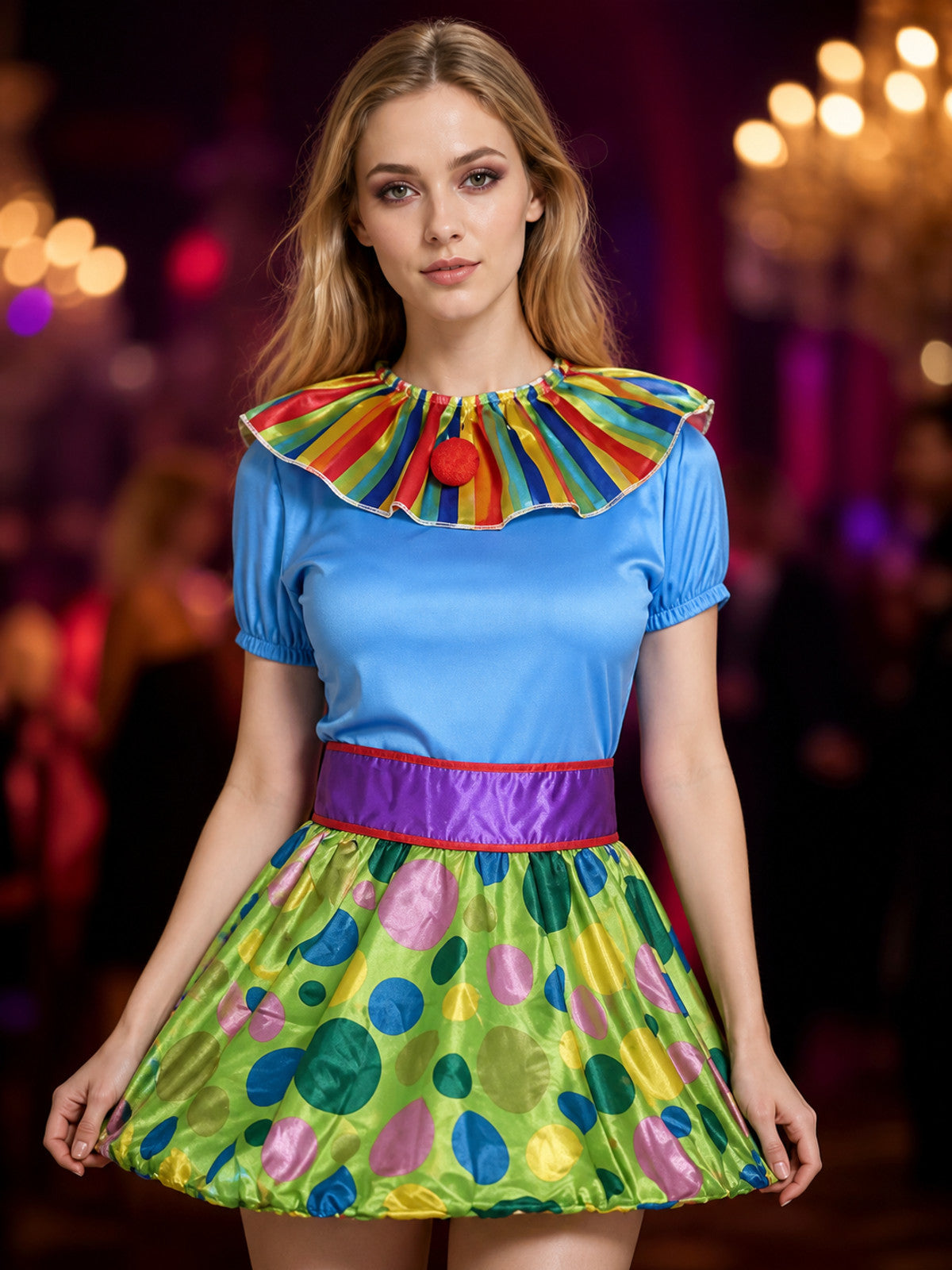 Adult Clown Circus Costume Set with Colorful Polka Dot Tutu Skirt, Collar and on-model view