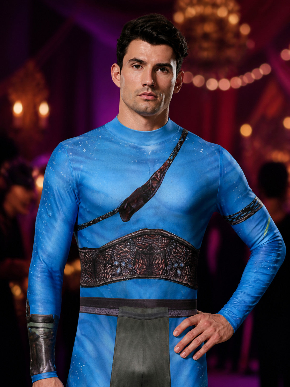 Men's Blue Alien Cosplay Bodysuit, Printed Full-Body Jumpsuit Halloween Costume on-model view