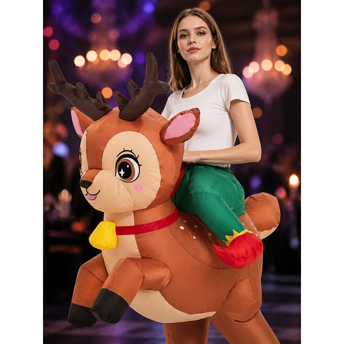 Reindeer Costume With Antlers And Bells, Cartoon Animal Outfit on-model view