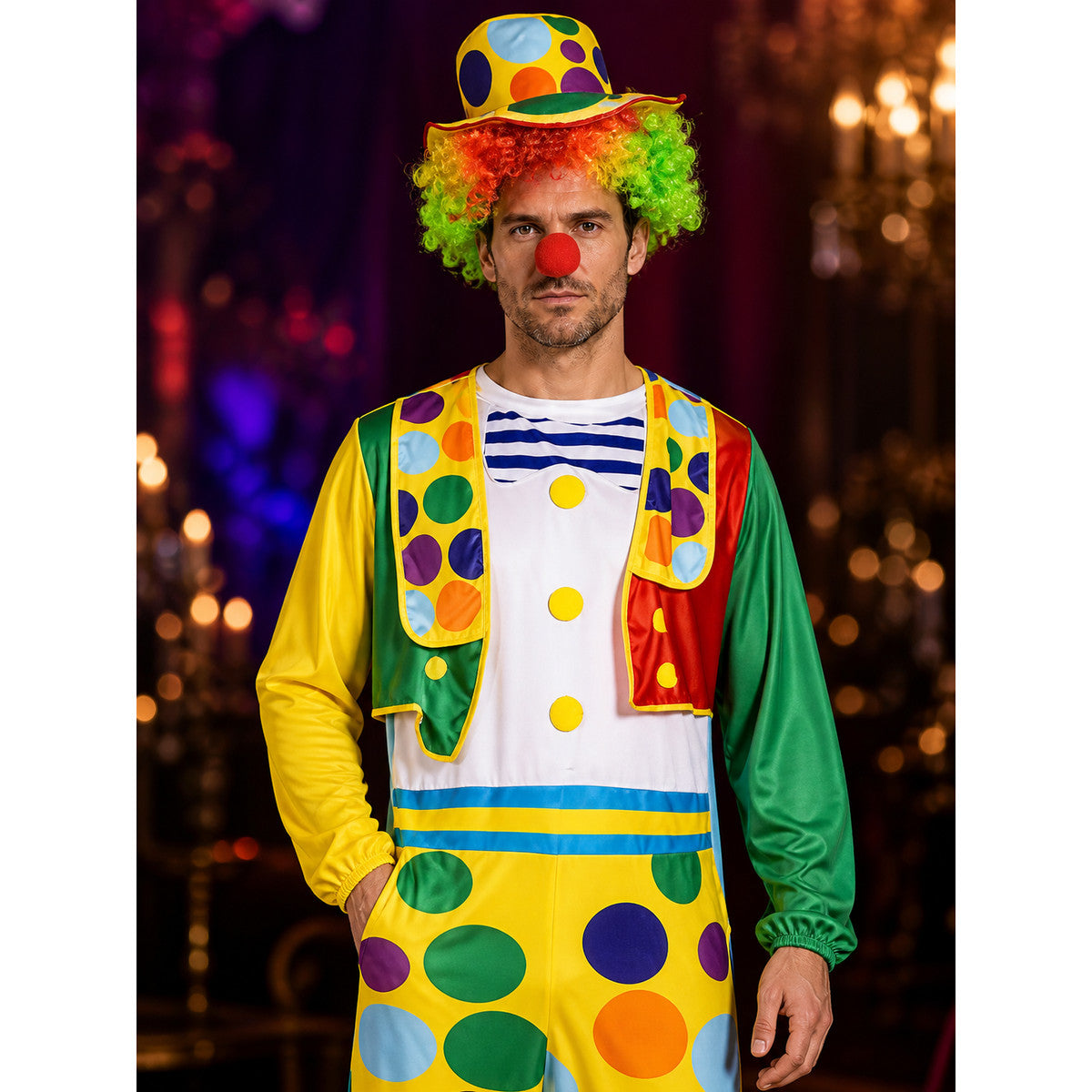 Unisex Adult Clown Jumpsuit Costume Set with Polka Dot Hat and Robe for on-model view