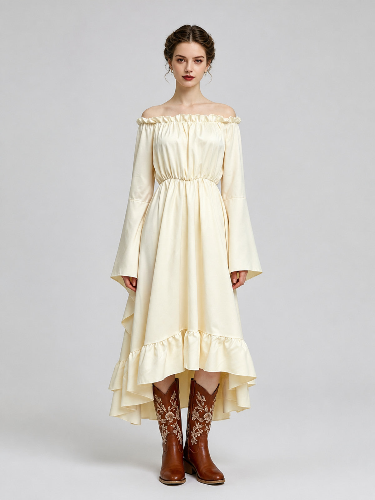 Cream Medieval-Style Ruffled Dress on-model view