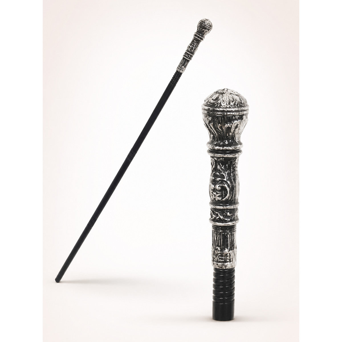 Prop cane with a silver carved handle, in a black-and-silver color scheme with a retro and gothic style