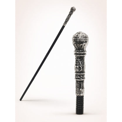 Prop cane with a silver carved handle, in a black-and-silver color scheme with a retro and gothic style