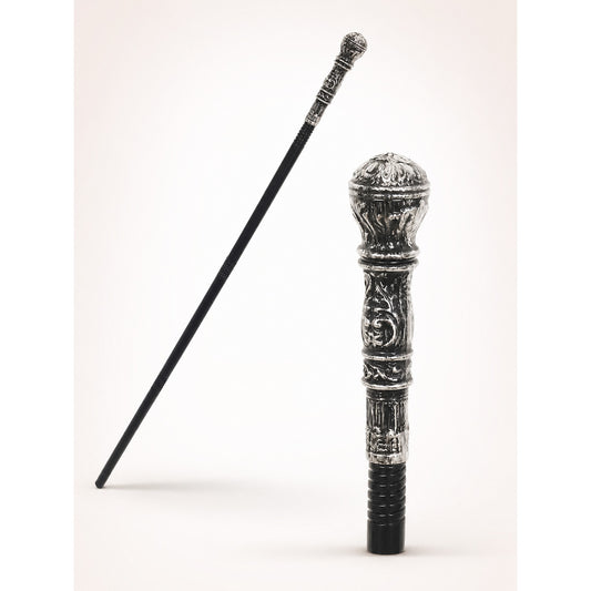 Prop cane with a silver carved handle, in a black-and-silver color scheme with a retro and gothic style