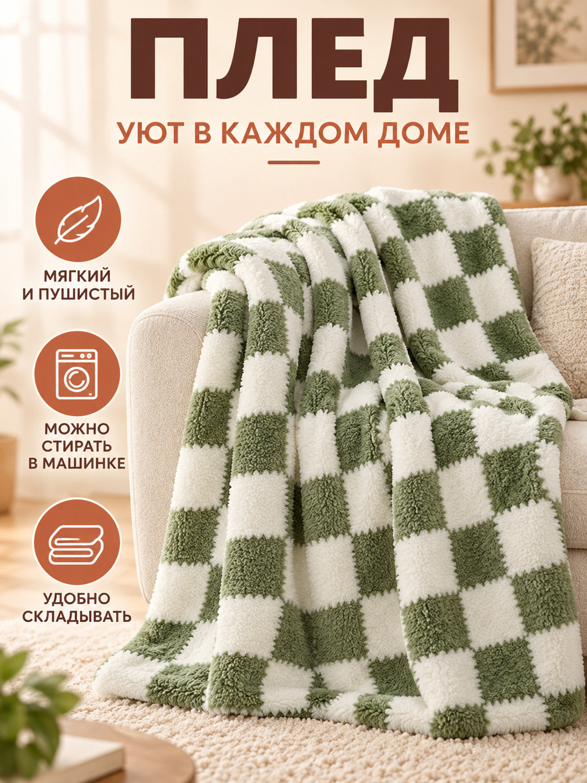 Plaid Throw Blanket Green and White Reversible Plush