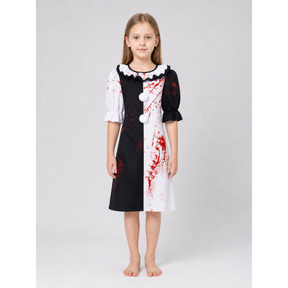 Clown Dress Costume with Ruffles and Red Splatter on-model view