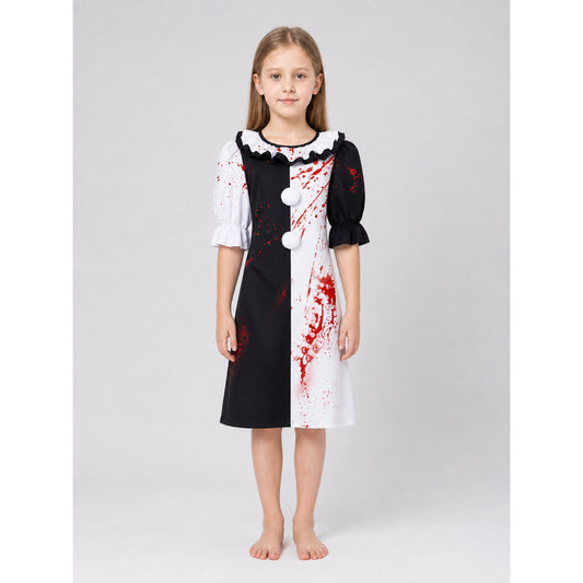 Clown Dress Costume with Ruffles and Red Splatter on-model view