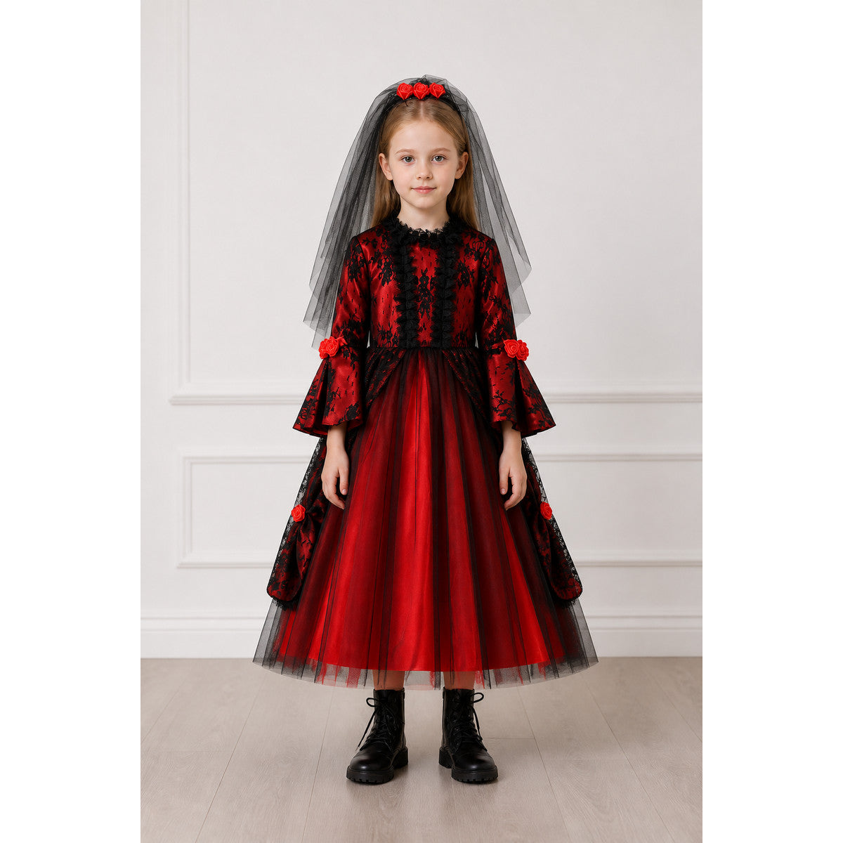 Long Gothic Dress with Red Roses and Lace