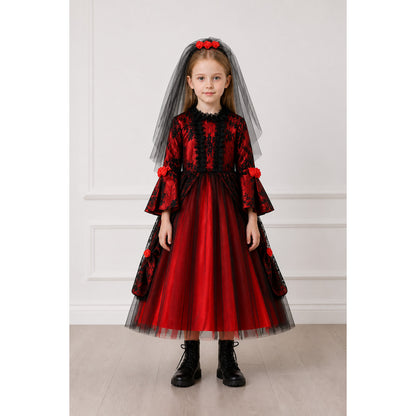 Long Gothic Dress with Red Roses and Lace