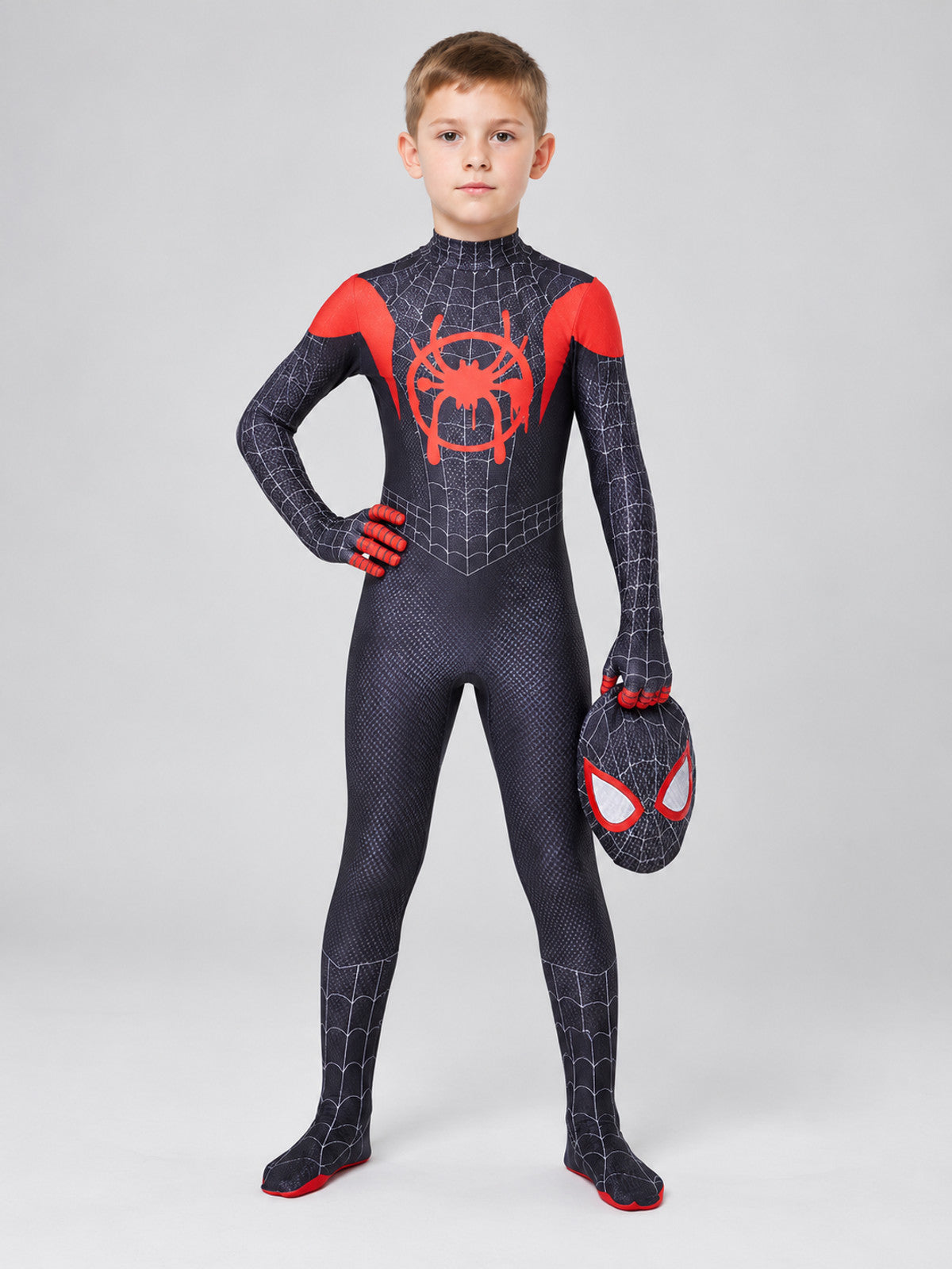 Superhero Costume Black with Red Web Pattern and Mask