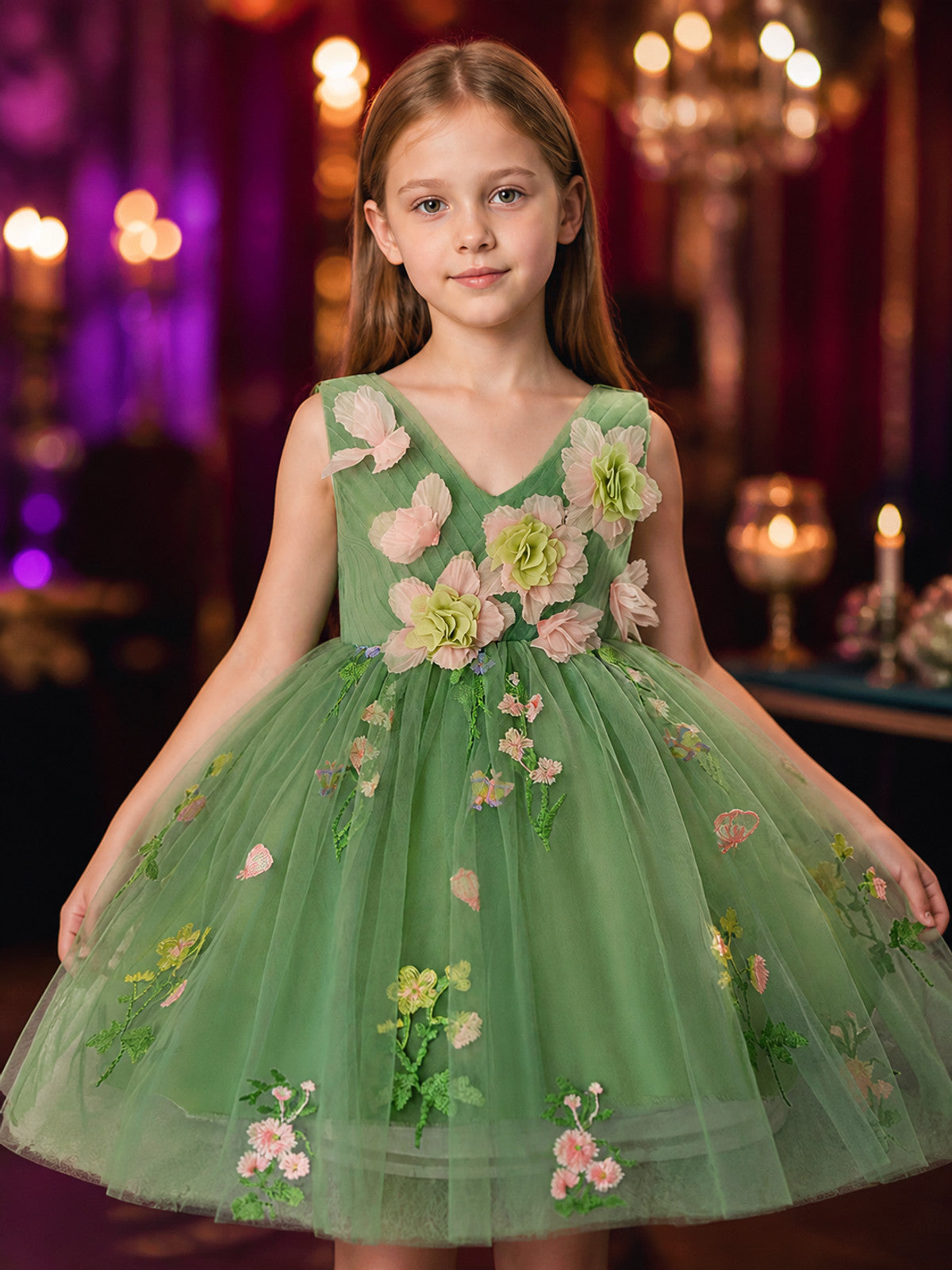 Toddler Girls' Princess Dress, Sleeveless Green Tulle Puff Skirt With Floral