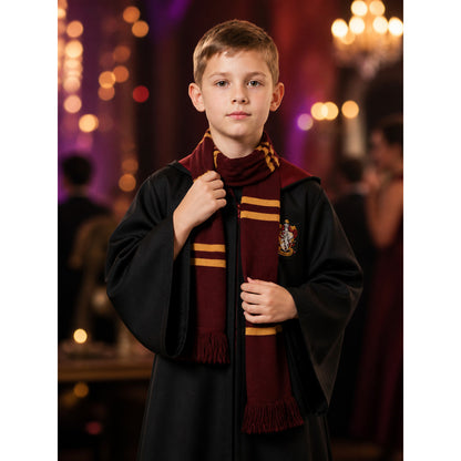 Hooded Wizard Robe Costume Set With Striped Scarf And Badge on-model view