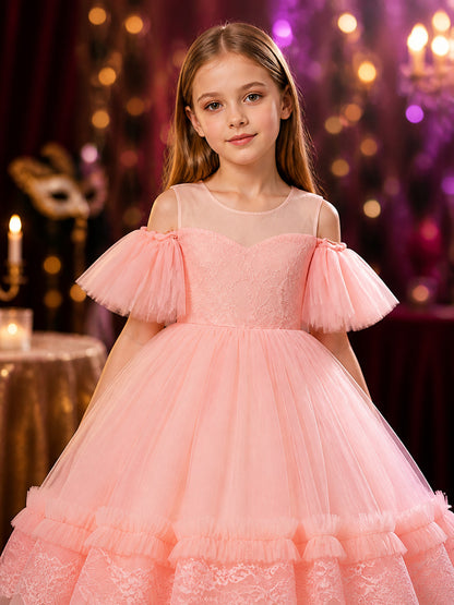 Girls' Pink Lace Princess Dress, Layered Tulle Formal Gown on-model view