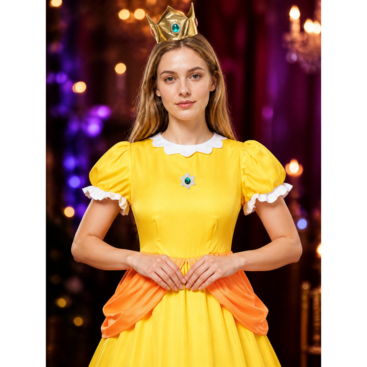 Yellow Princess A-Line Cosplay Costume Dress, Puff Sleeves, Orange Ruffles on-model view