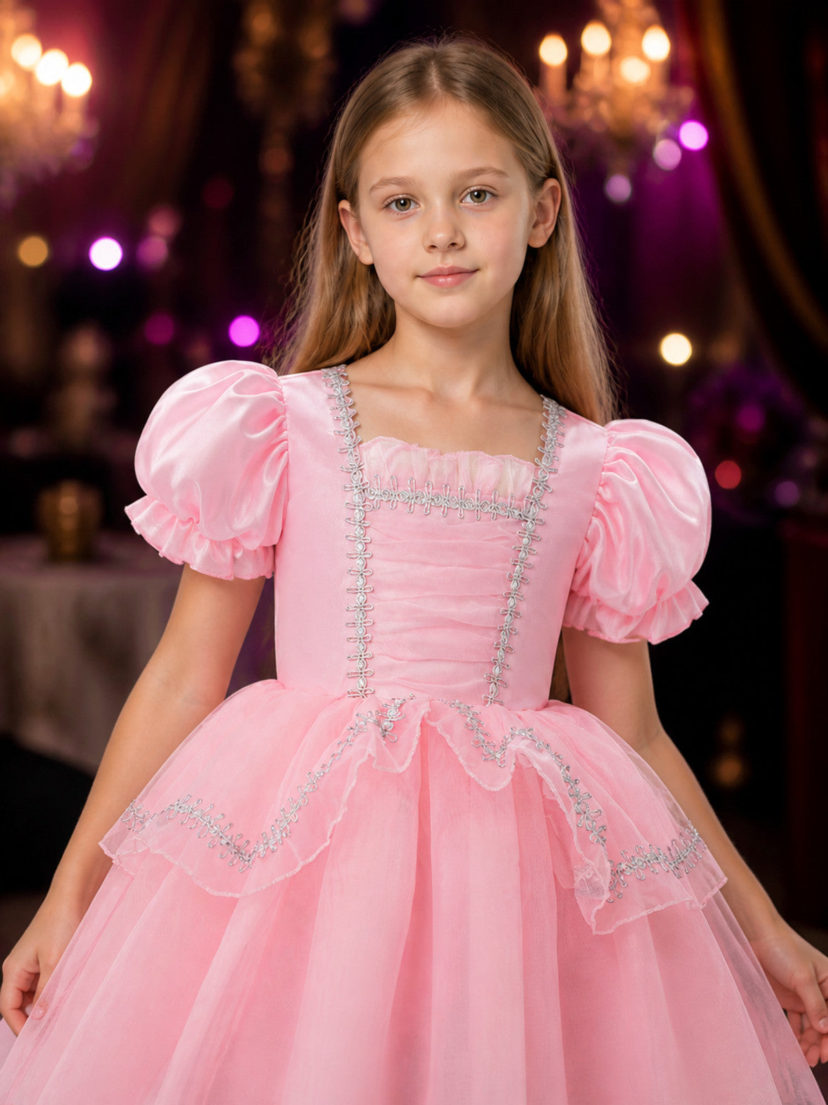 Toddler Girls' Pink Princess Dress Costume with Puff Sleeves and Layered Skirt on-model view