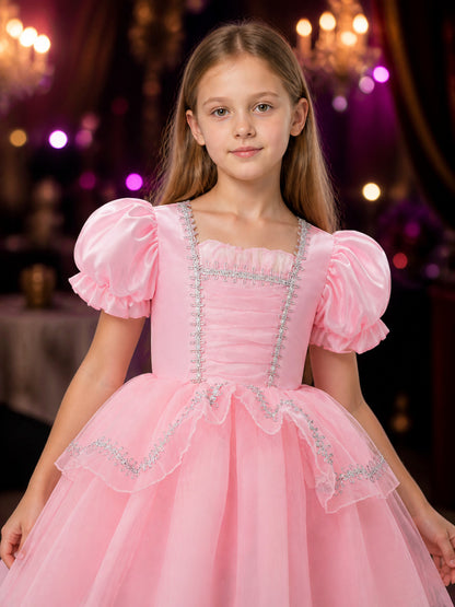 Toddler Girls' Pink Princess Dress Costume with Puff Sleeves and Layered Skirt on-model view