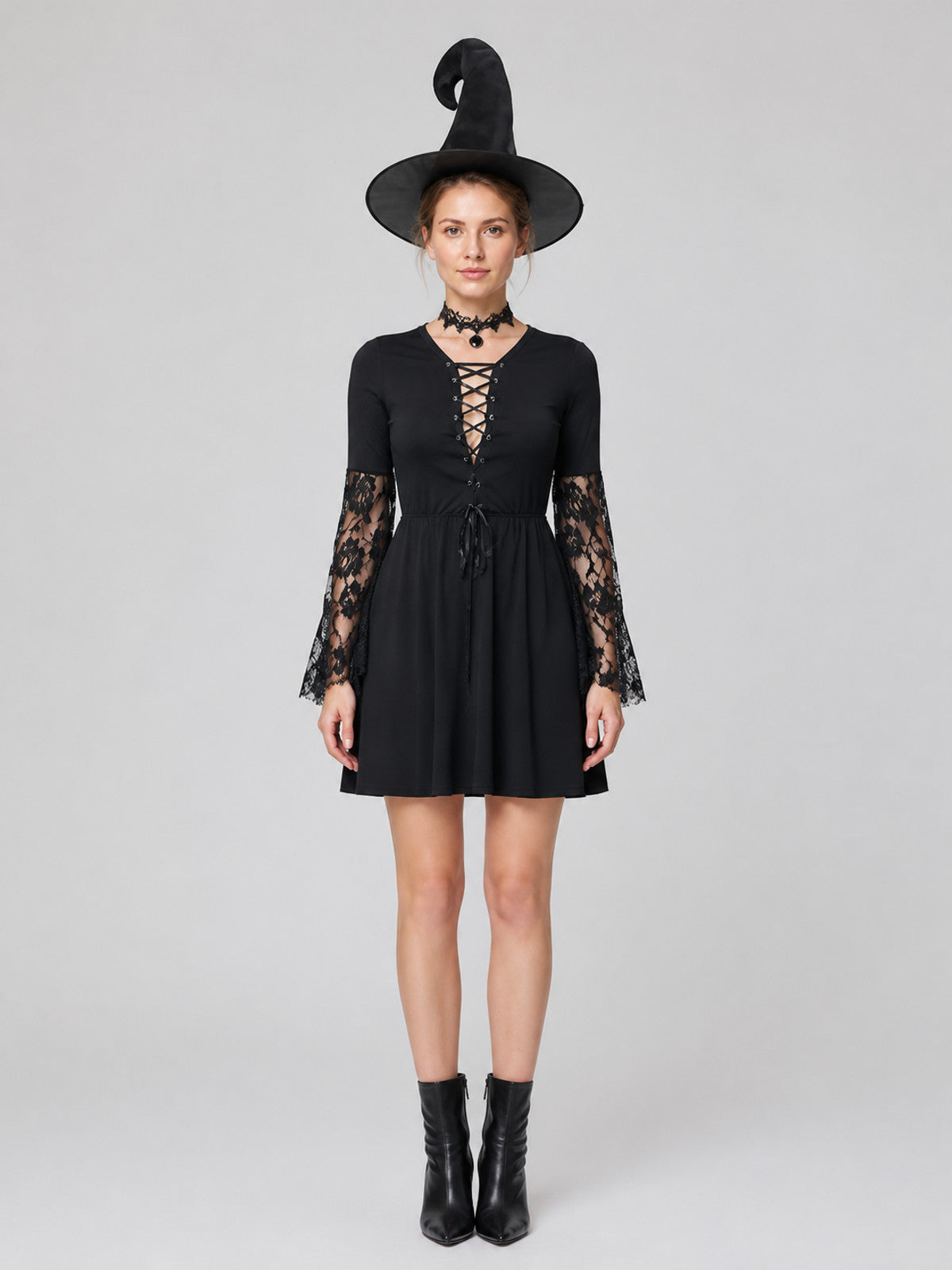 Black Witch Dress with Lace Sleeves, Necklace, and Hat on-model view