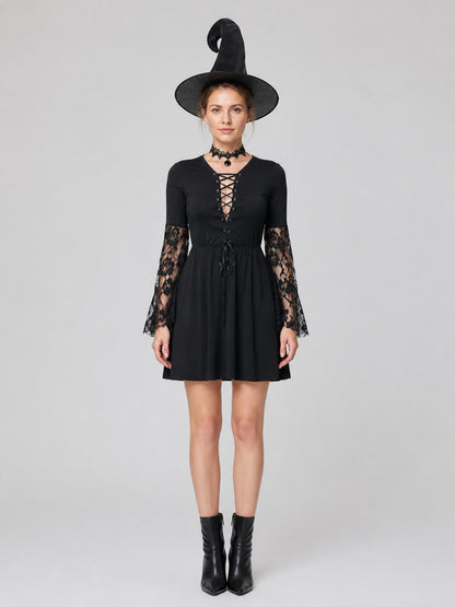 Black Witch Dress with Lace Sleeves, Necklace, and Hat on-model view