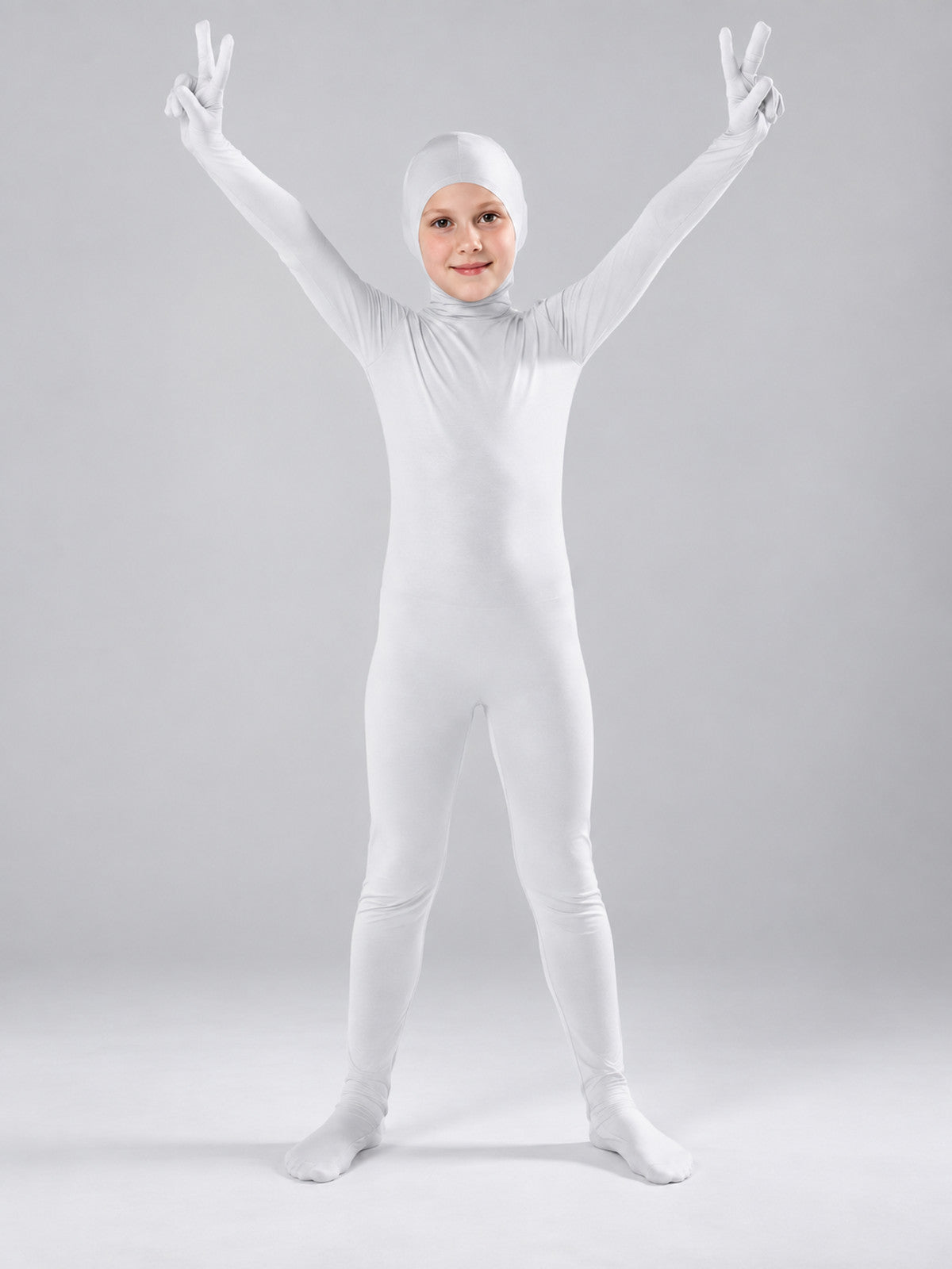 White form-fitting zentai jumpsuit with hood