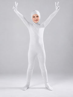 White form-fitting zentai jumpsuit with hood