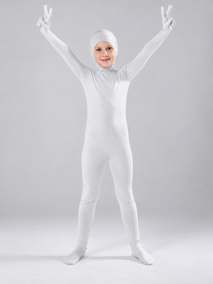 White form-fitting zentai jumpsuit with hood