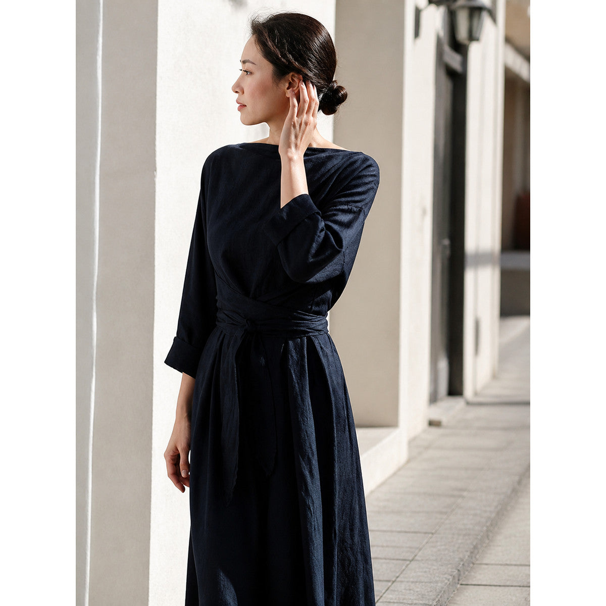 Long Dress with 3/4 Sleeves, Tie Belt, and Shirring