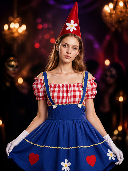 Women's Red & White Checkered Clown Dress with Blue Puffy Skirt, Hat & Gloves on-model view