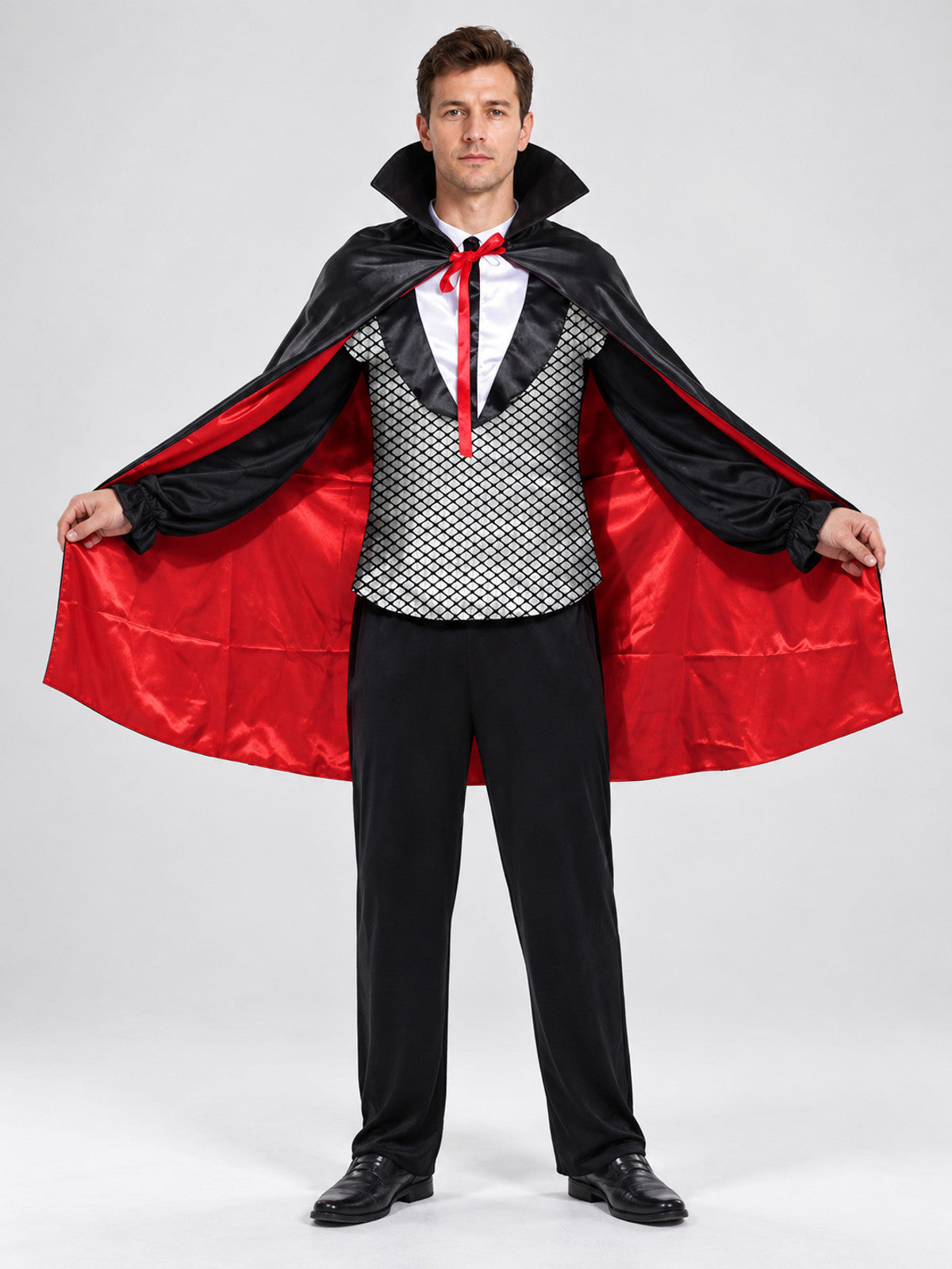 Vampire Costume with Cape and Fangs on-model view