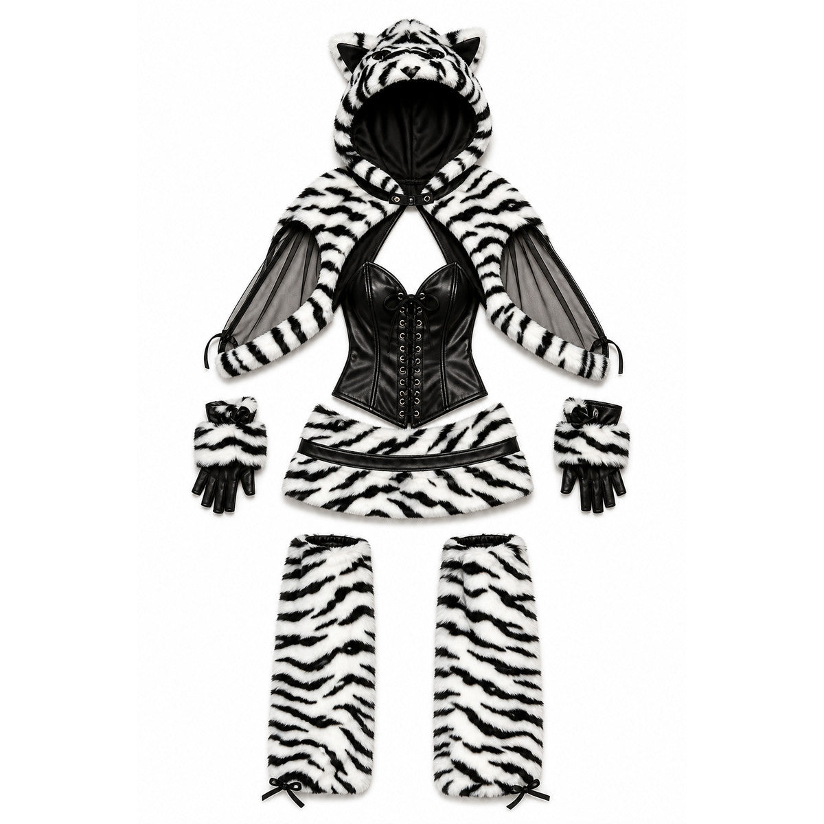 Furry cat costume with zebra print for Halloween on-model view