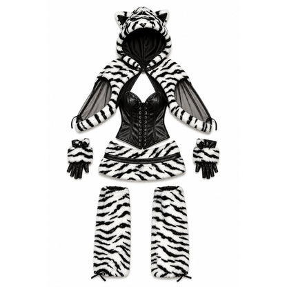 Furry cat costume with zebra print for Halloween on-model view