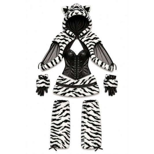 Furry cat costume with zebra print for Halloween on-model view