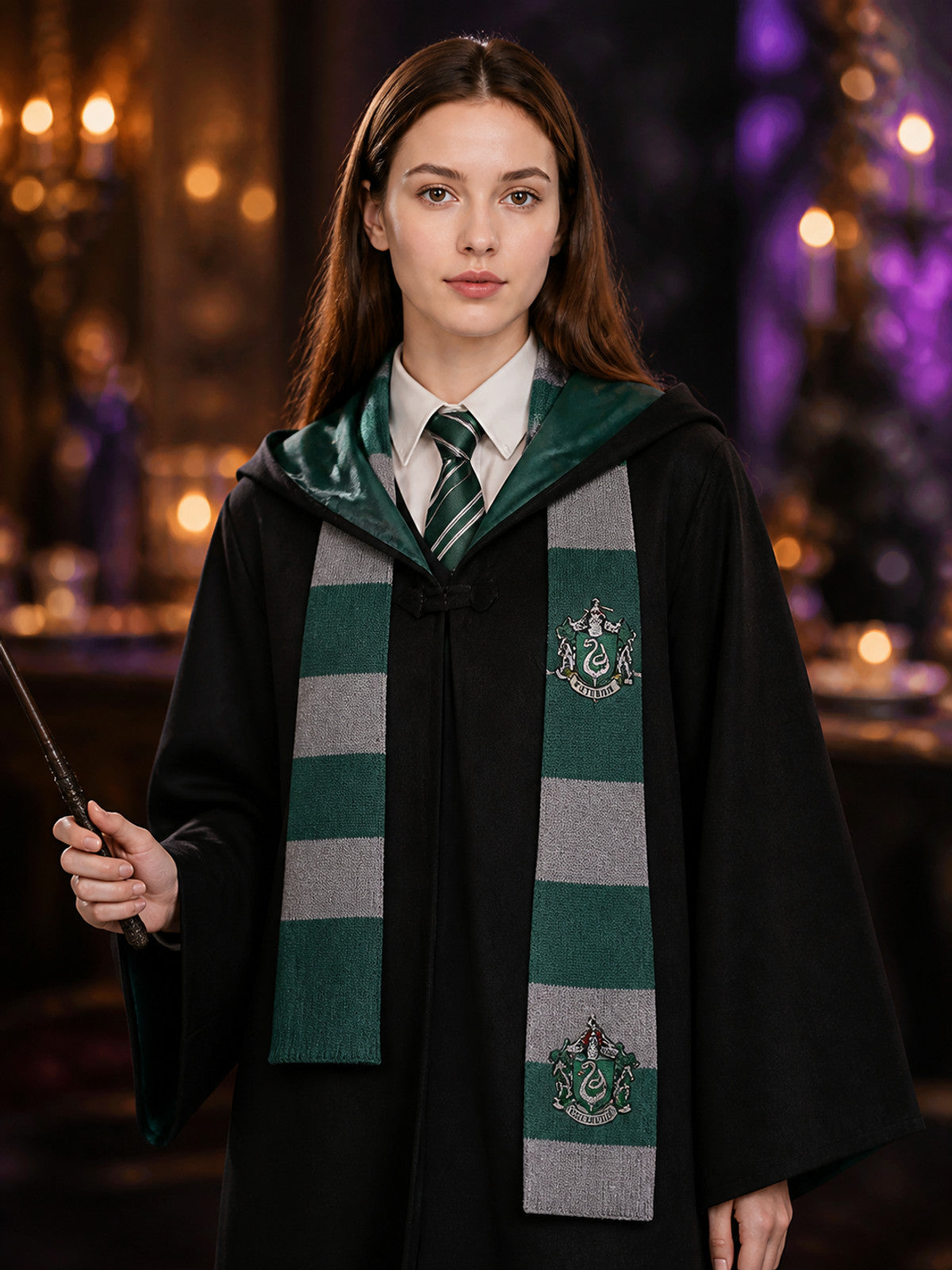 Slytherin Wizard Robe Costume Set with Tie & Scarf, Black Hooded Robe with Green on-model view