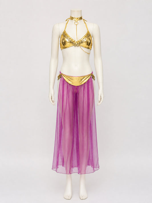 Adult Egyptian Queen Two-Piece Costume, Purple Sheer Skirt and Gold-Decorated on-model view