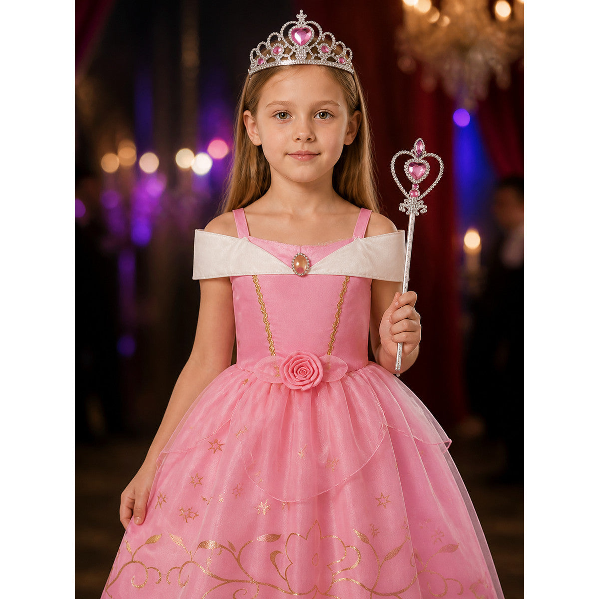 Girls Princess Costume Set - Pink Tulle Dress, Crown & Wand, Gold Star Decor for on-model view