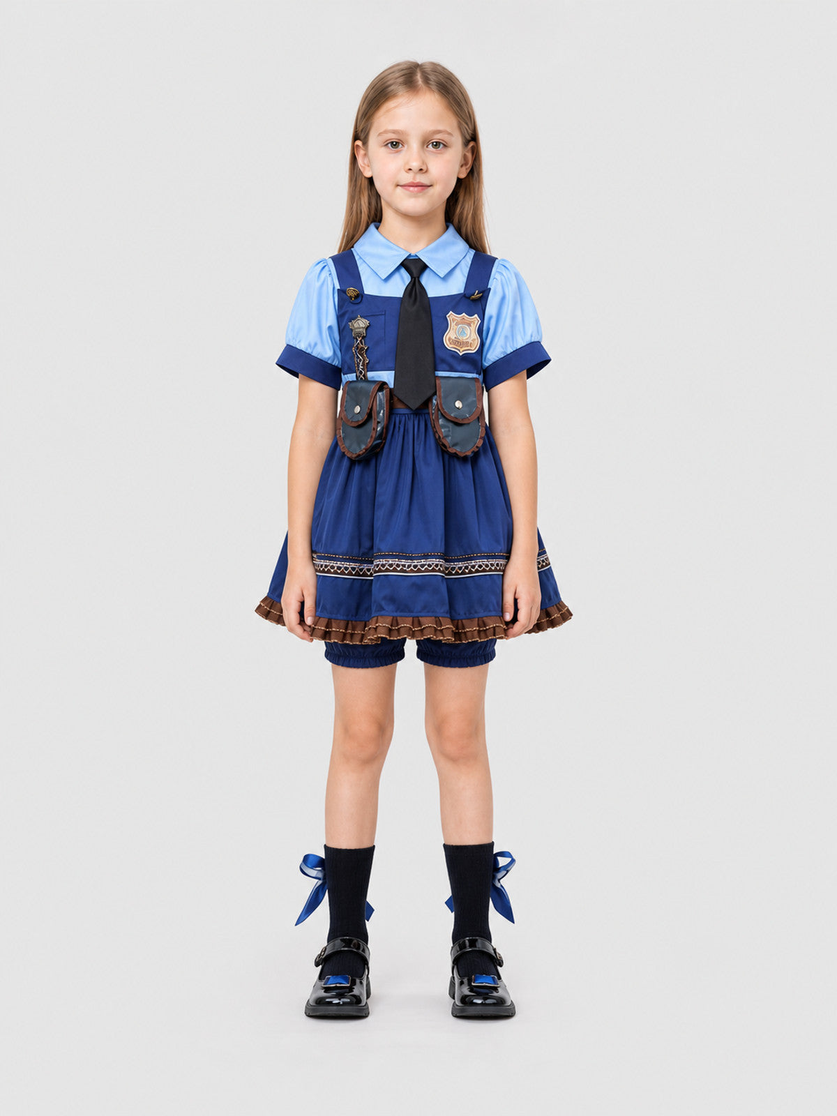Children’s cosplay dress with collar, tie, and shorts on-model view