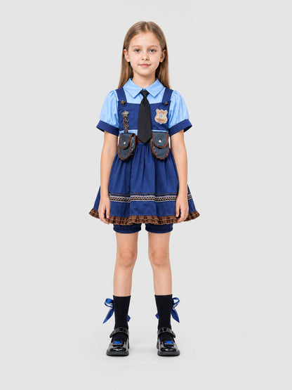Children’s cosplay dress with collar, tie, and shorts on-model view