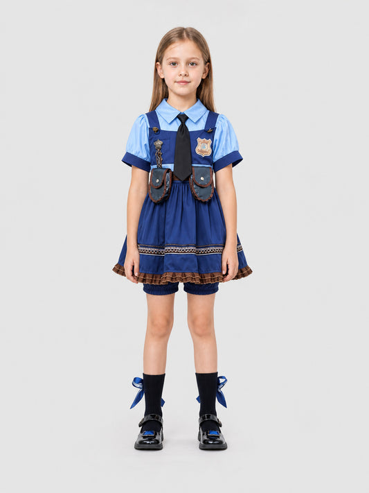 Children’s cosplay dress with collar, tie, and shorts on-model view