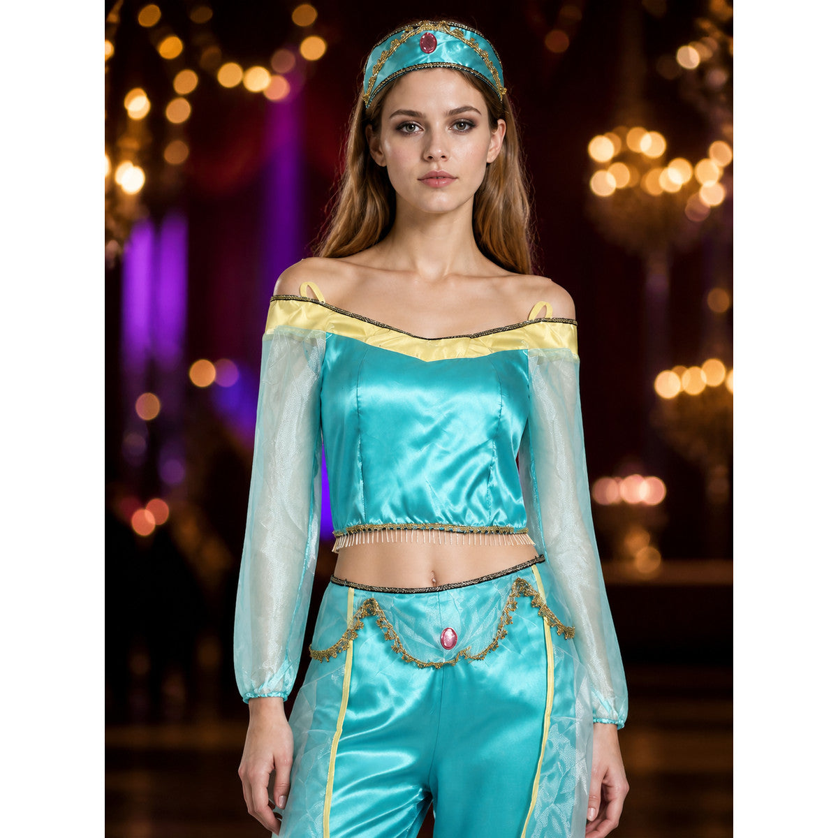 Turquoise Aladdin cosplay costume with headwear on-model view
