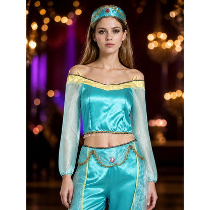 Turquoise Aladdin cosplay costume with headwear on-model view