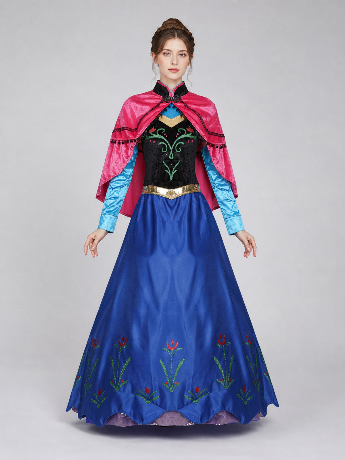 Anna Costume Dress with Cape for Cosplay front view