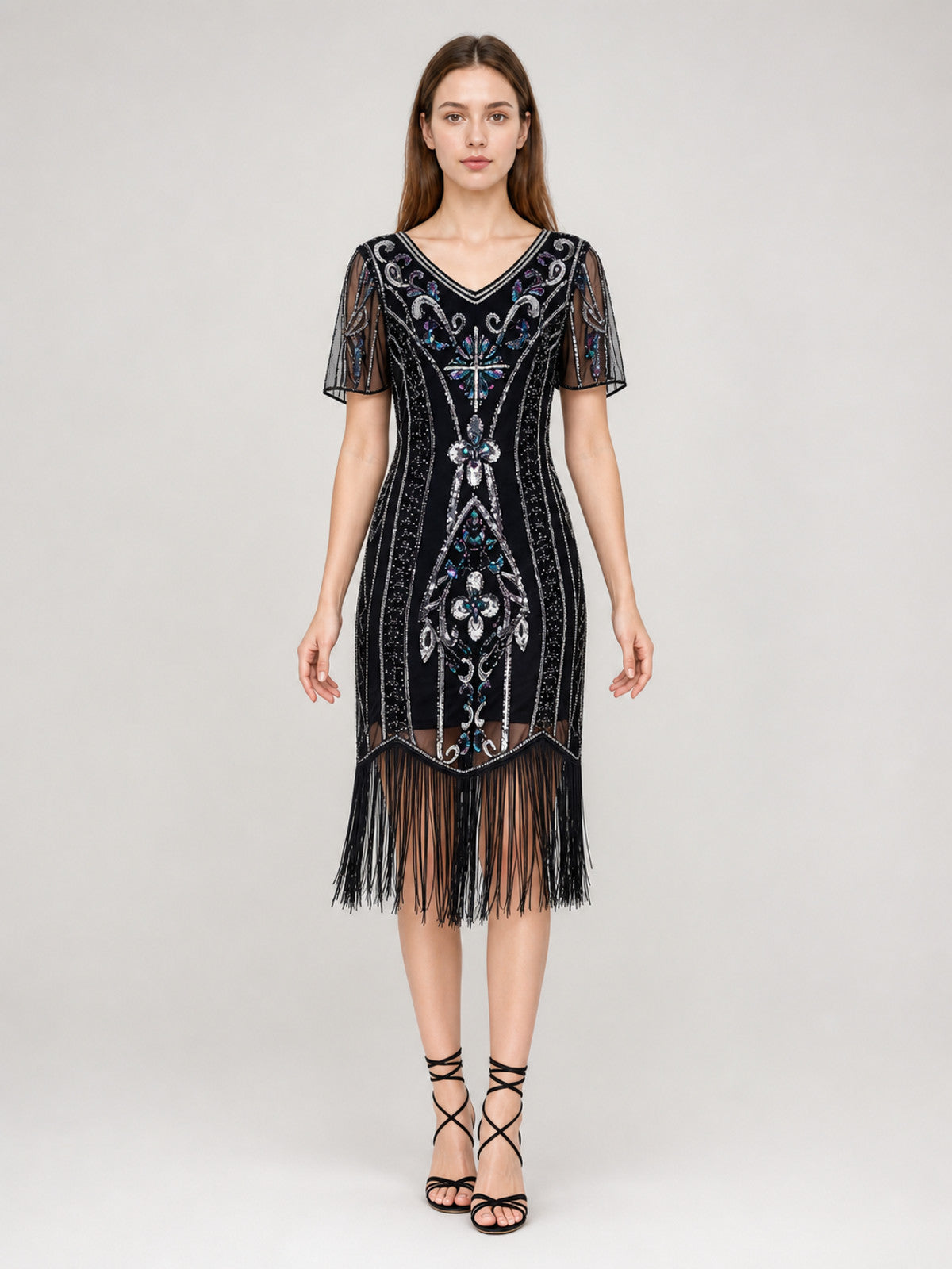 1920s-Style Sequin Dress with Fringe front view