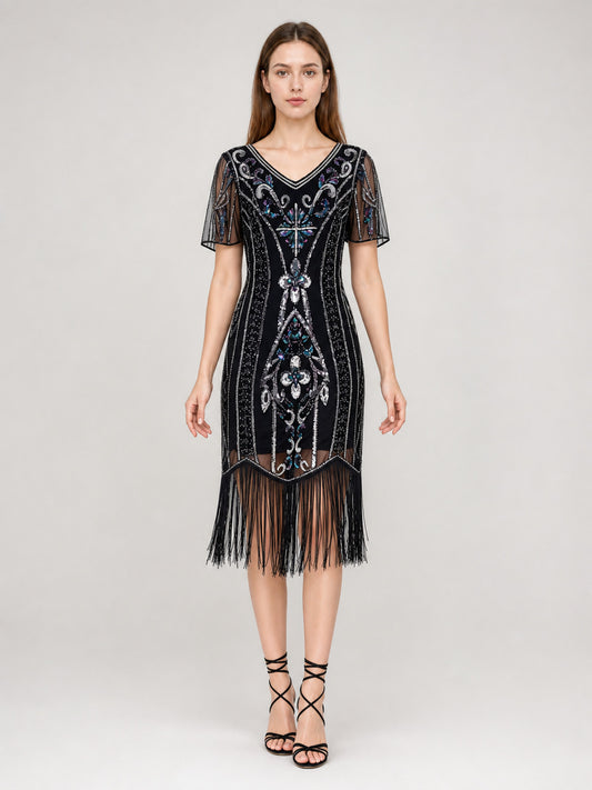 1920s-Style Sequin Dress with Fringe front view