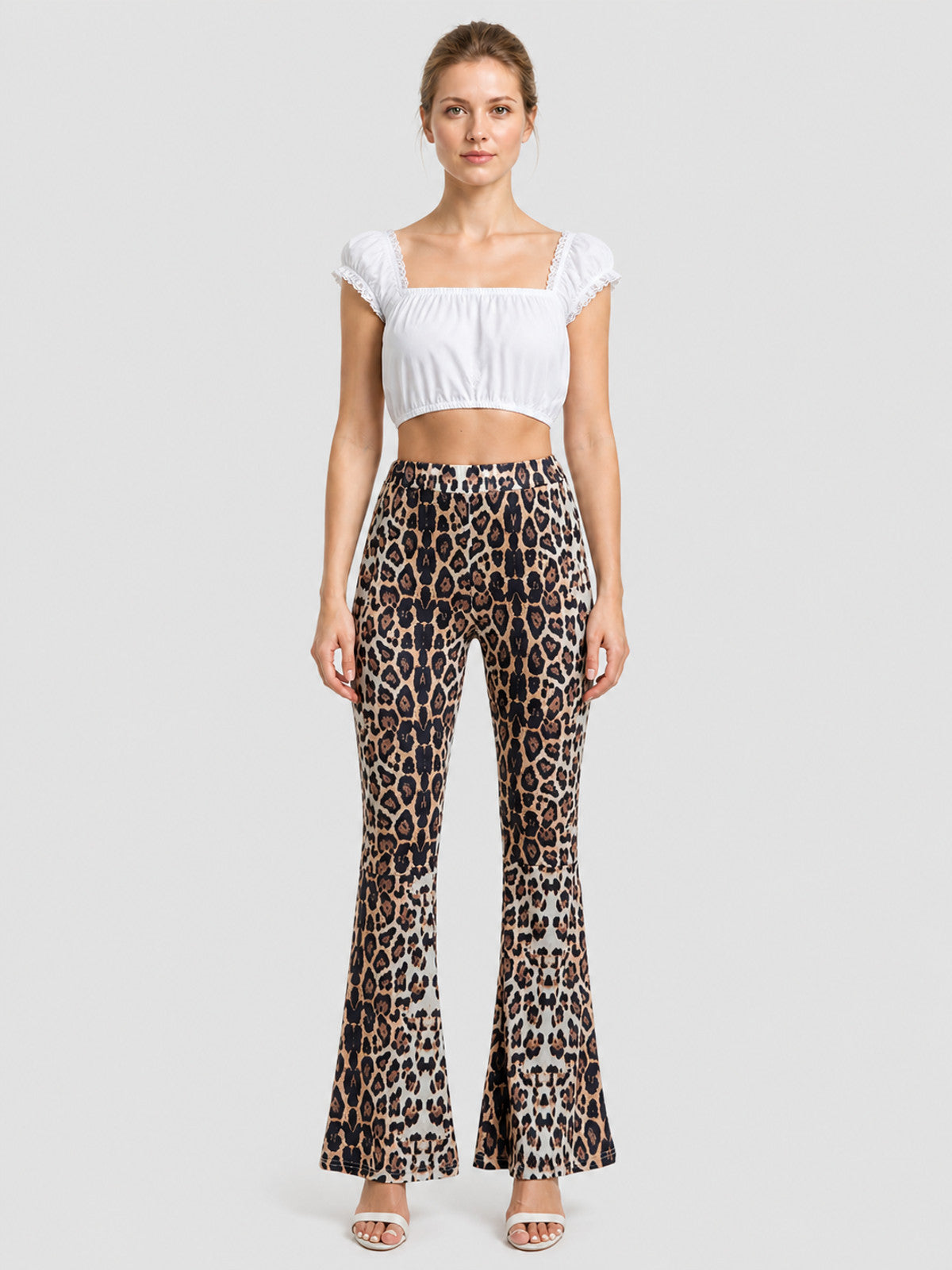 High-Waisted Flare Pants with Leopard Print on-model view