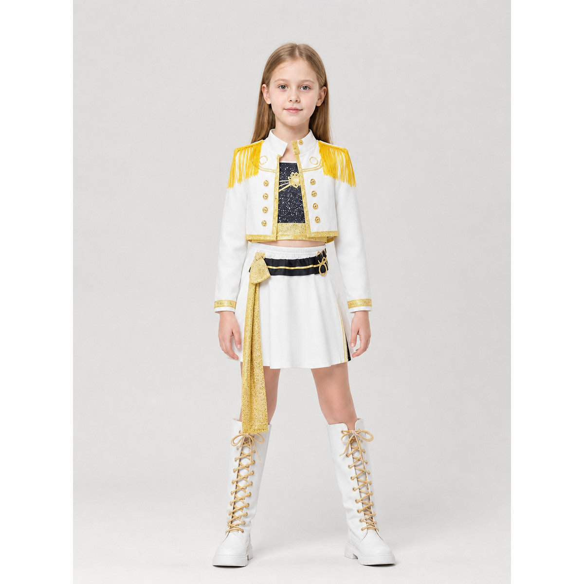 Children's Set: White Jacket and Skirt with Gold Decor on-model view