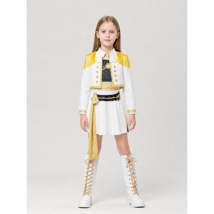 Children's Set: White Jacket and Skirt with Gold Decor on-model view
