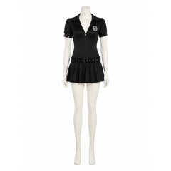 Women's Black Police Costume Dress, Zip-Front Pleated Cop Uniform Mini Dress for Halloween