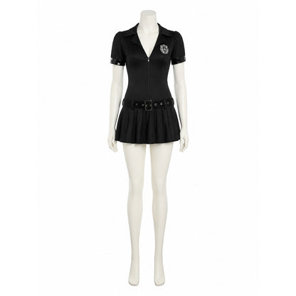 Women's Black Police Costume Dress, Halloween Cosplay Uniform Outfit on-model view