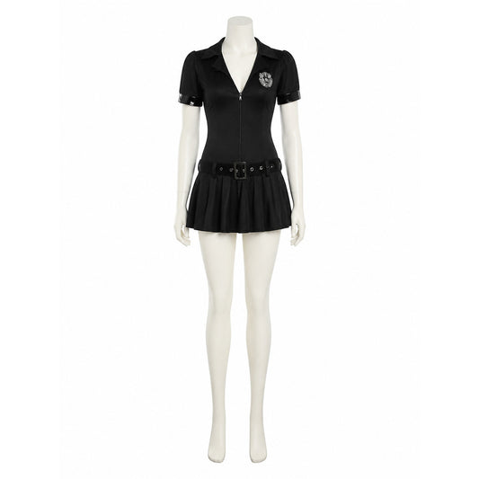 Women's Black Police Costume Dress, Halloween Cosplay Uniform Outfit on-model view