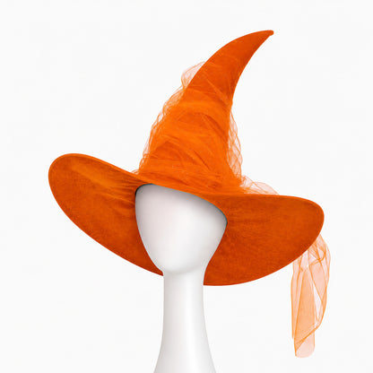 Orange Halloween Witch Hat, Tall Curved Pointed Crown, Wide Floppy Brim, Sheer Mesh Draping, Costume Accessory for Parties